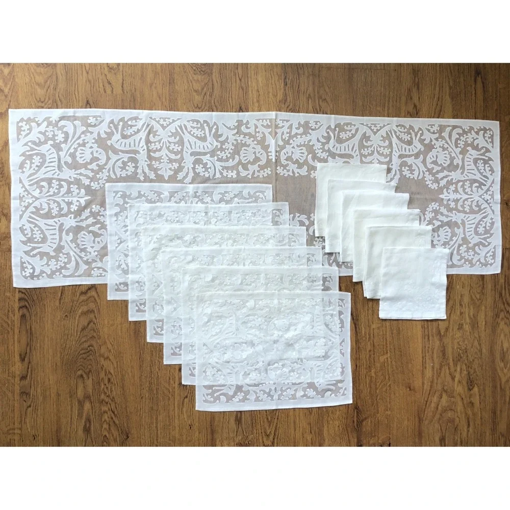 Antique Hungarian Buzsak Stag in the Woods Applique Lace Linen‎ Runner + Set